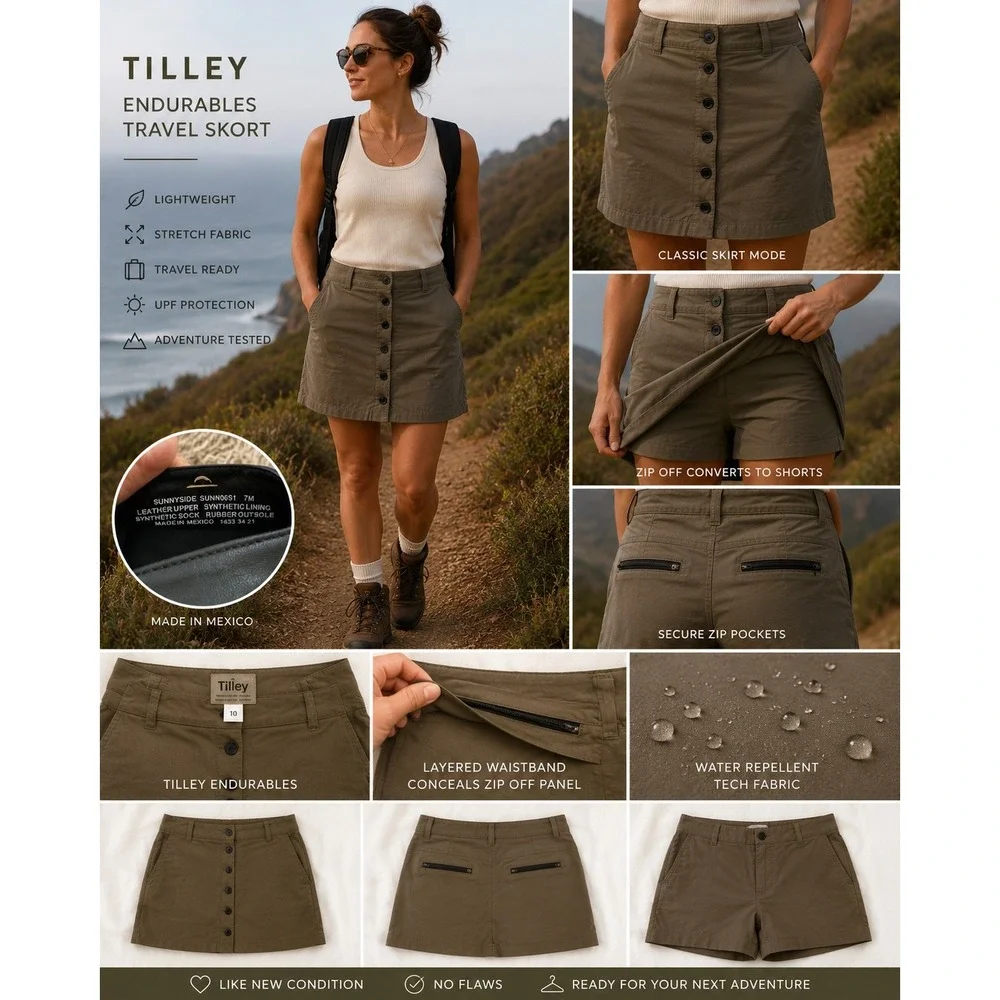Tilley Endurables Travel Skort Womens 10 Olive Green Ripstop Button Front Hiking